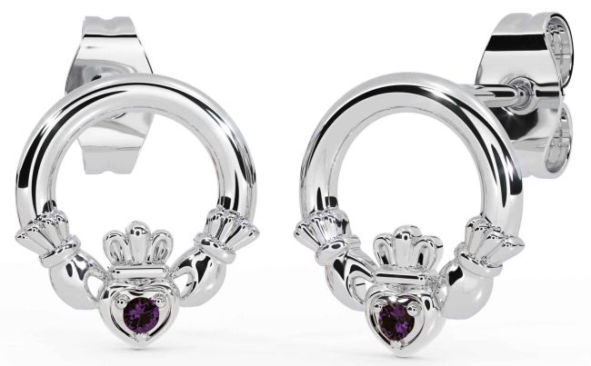 Alexandrite White Gold Claddagh Stud Earrings