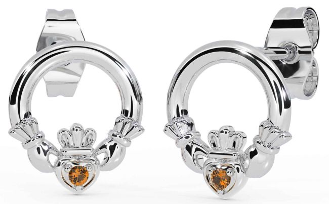 Citrine White Gold Claddagh Stud Earrings