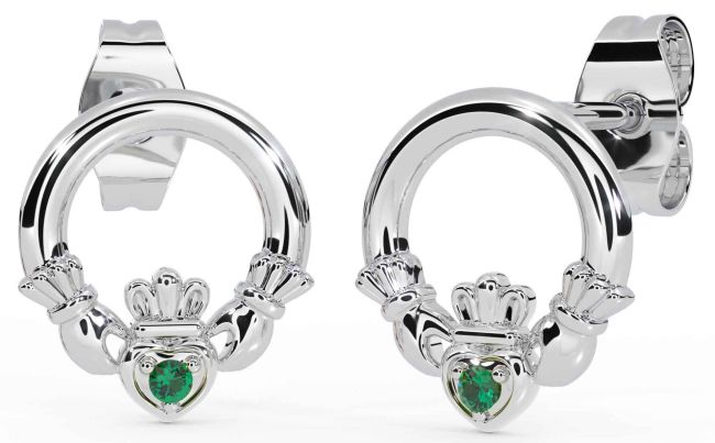 Emerald White Gold Claddagh Stud Earrings