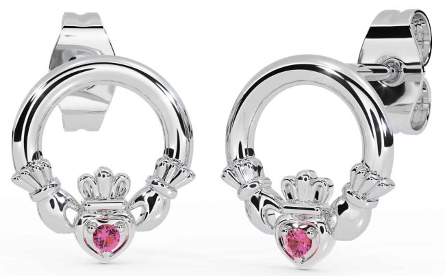 Pink Tourmaline White Gold Claddagh Stud Earrings