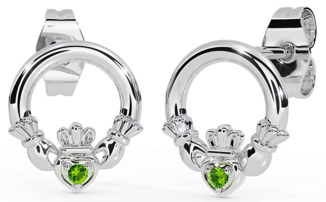 Peridot White Gold Claddagh Stud Earrings