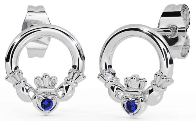 Sapphire White Gold Claddagh Stud Earrings