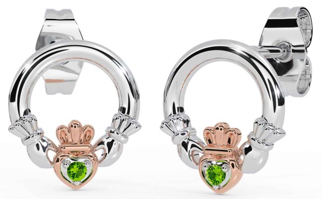 Peridot White Rose Gold Claddagh Stud Earrings