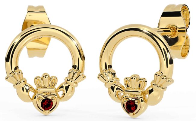Garnet Gold Claddagh Stud Earrings