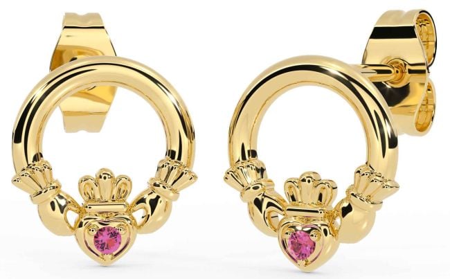 Pink Tourmaline Gold Claddagh Stud Earrings