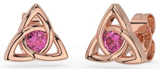 Pink Tourmaline Rose Gold Silver Celtic Trinity Knot Stud Earrings