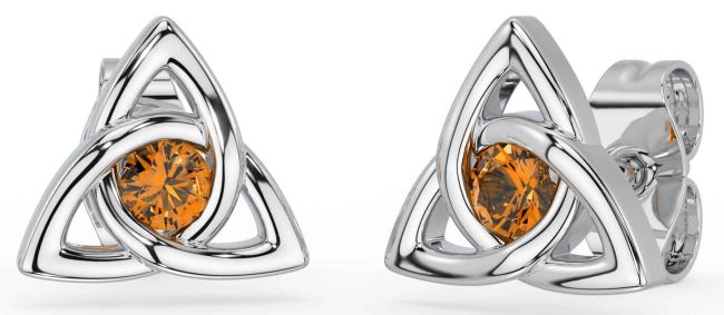 Citrine White Gold Celtic Trinity Knot Stud Earrings