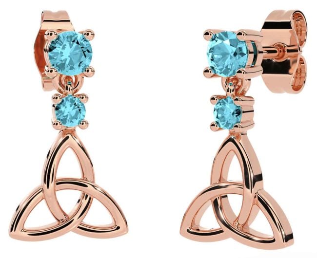 Aquamarine Rose Gold Silver Celtic Trinity Knot Dangle Earrings