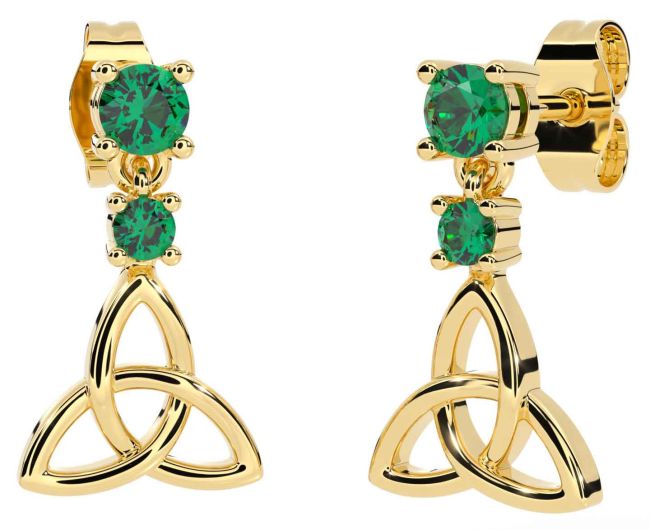 Emerald Gold Silver Celtic Trinity Knot Dangle Earrings