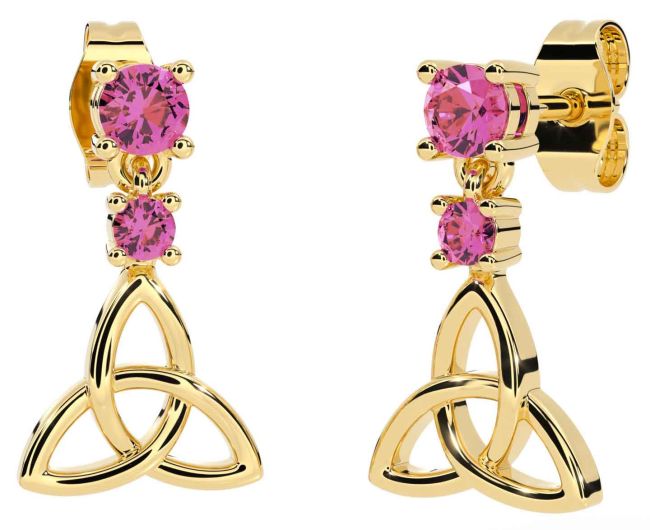 Pink Tourmaline Gold Silver Celtic Trinity Knot Dangle Earrings