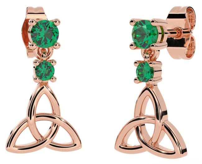 Emerald Rose Gold Celtic Trinity Knot Dangle Earrings