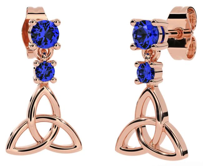 Sapphire Rose Gold Celtic Trinity Knot Dangle Earrings