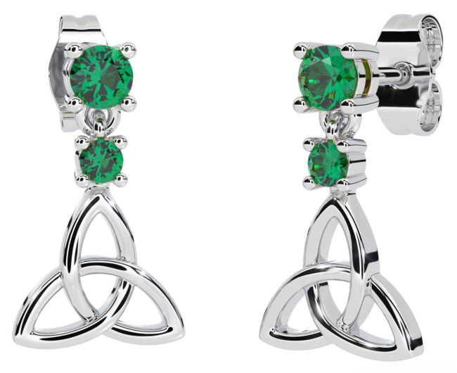 Emerald White Gold Celtic Trinity Knot Dangle Earrings