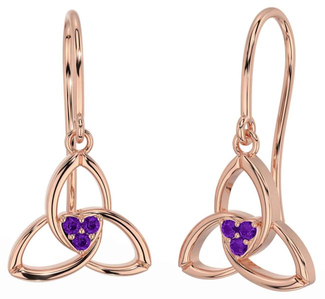 Amethyst Rose Gold Silver Celtic Trinity Knot Dangle Earrings