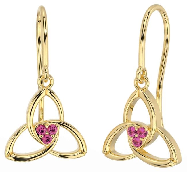 Pink Tourmaline Gold Silver Celtic Trinity Knot Dangle Earrings