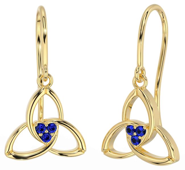 Sapphire Gold Silver Celtic Trinity Knot Dangle Earrings