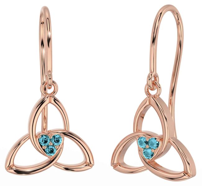 Aquamarine Rose Gold Celtic Trinity Knot Dangle Earrings