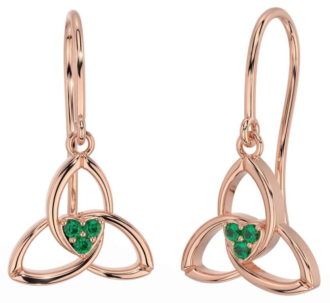 Emerald Rose Gold Celtic Trinity Knot Dangle Earrings