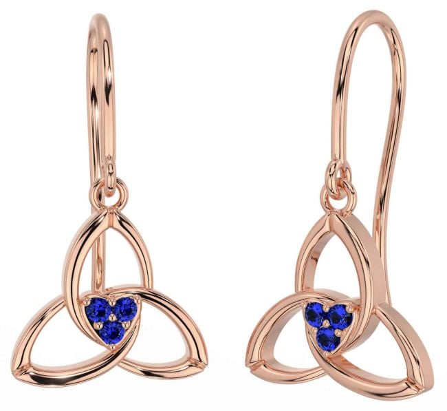 Sapphire Rose Gold Celtic Trinity Knot Dangle Earrings