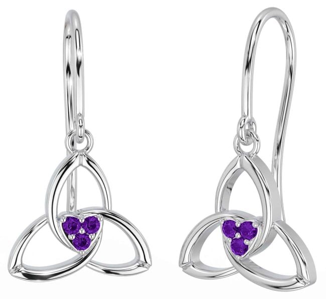 Amethyst White Gold Celtic Trinity Knot Dangle Earrings