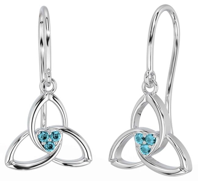 Aquamarine White Gold Celtic Trinity Knot Dangle Earrings