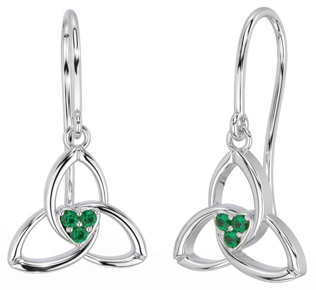 Emerald White Gold Celtic Trinity Knot Dangle Earrings