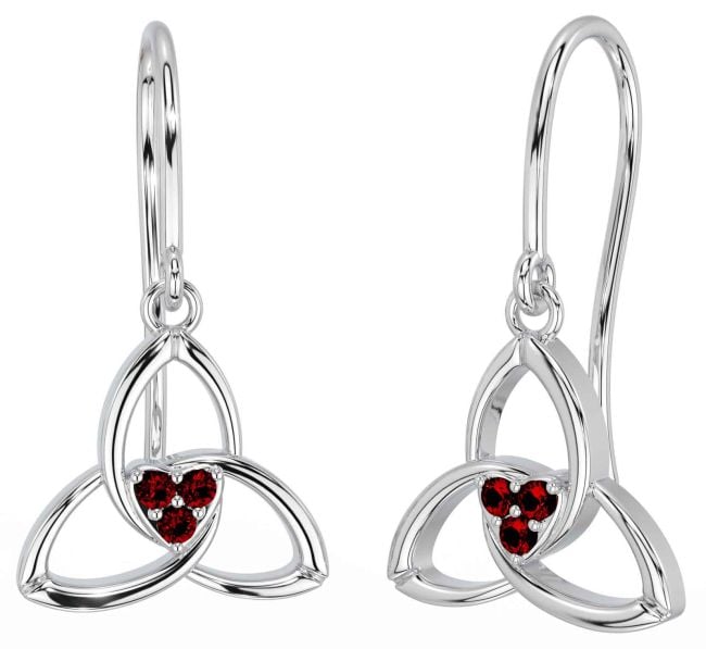 Garnet White Gold Celtic Trinity Knot Dangle Earrings