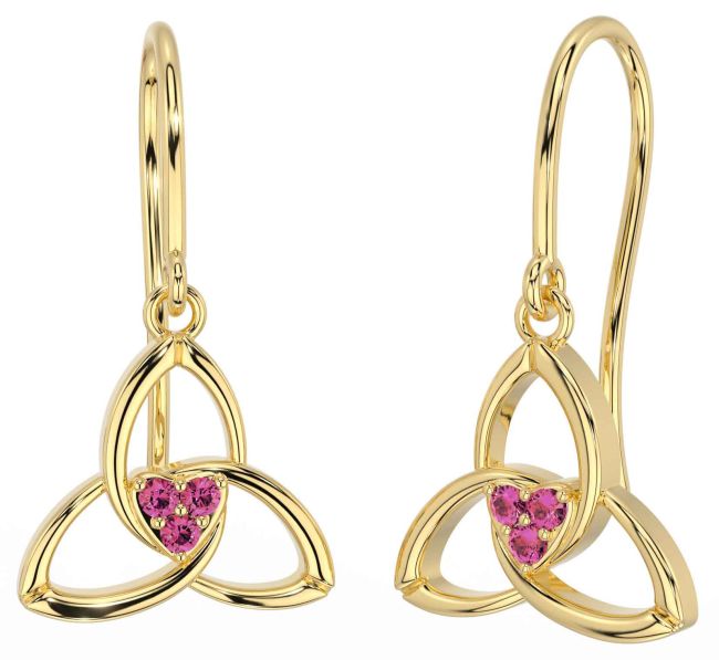 Pink Tourmaline Gold Celtic Trinity Knot Dangle Earrings