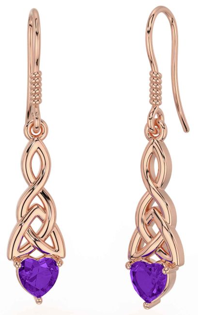 Amethyst Rose Gold Silver Celtic Trinity Knot Dangle Earrings