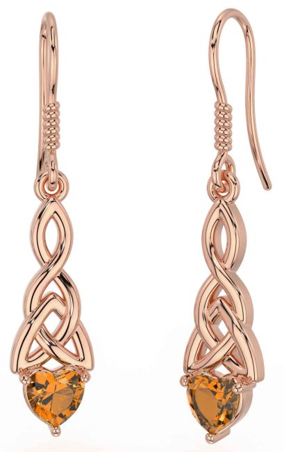 Citrine Rose Gold Silver Celtic Trinity Knot Dangle Earrings