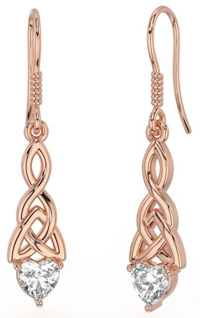 Diamond Rose Gold Silver Celtic Trinity Knot Dangle Earrings