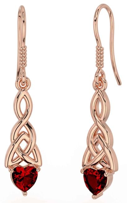 Garnet Rose Gold Silver Celtic Trinity Knot Dangle Earrings