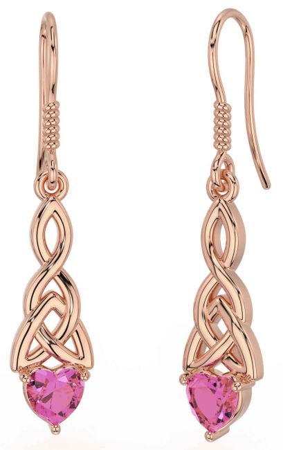 Pink Tourmaline Rose Gold Silver Celtic Trinity Knot Dangle Earrings