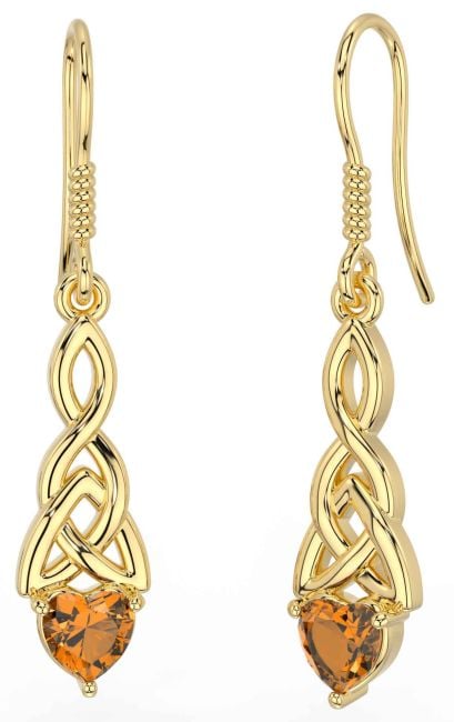 Citrine Gold Silver Celtic Trinity Knot Dangle Earrings