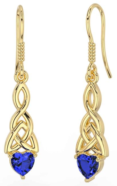 Sapphire Gold Silver Celtic Trinity Knot Dangle Earrings