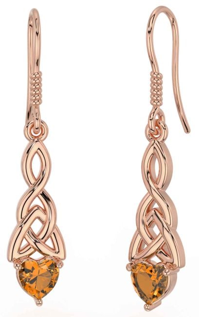 Citrine Rose Gold Celtic Trinity Knot Dangle Earrings