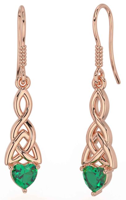 Emerald Rose Gold Celtic Trinity Knot Dangle Earrings