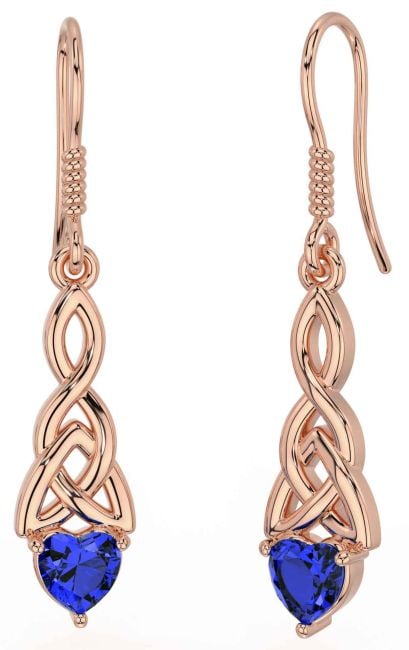 Sapphire Rose Gold Celtic Trinity Knot Dangle Earrings