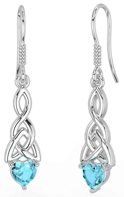 Aquamarine Silver Celtic Trinity Knot Dangle Earrings