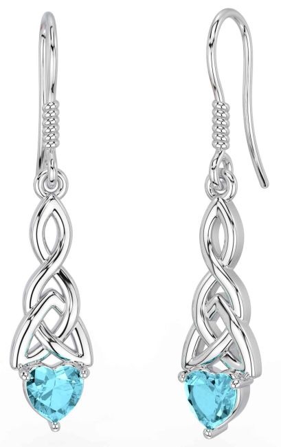 Aquamarine White Gold Celtic Trinity Knot Dangle Earrings