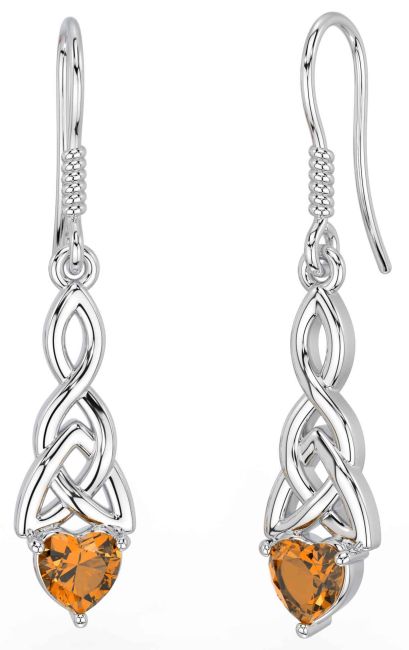 Citrine White Gold Celtic Trinity Knot Dangle Earrings