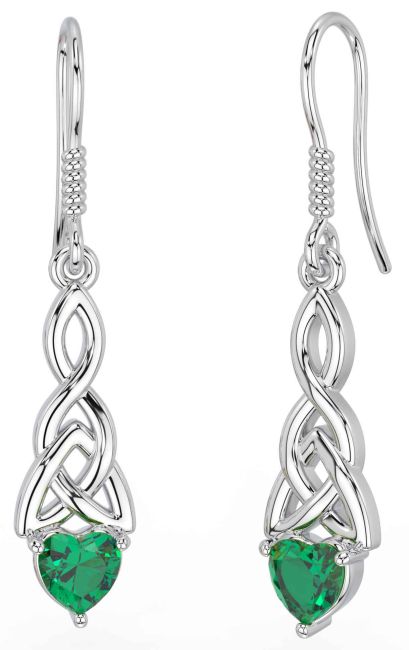 Emerald White Gold Celtic Trinity Knot Dangle Earrings