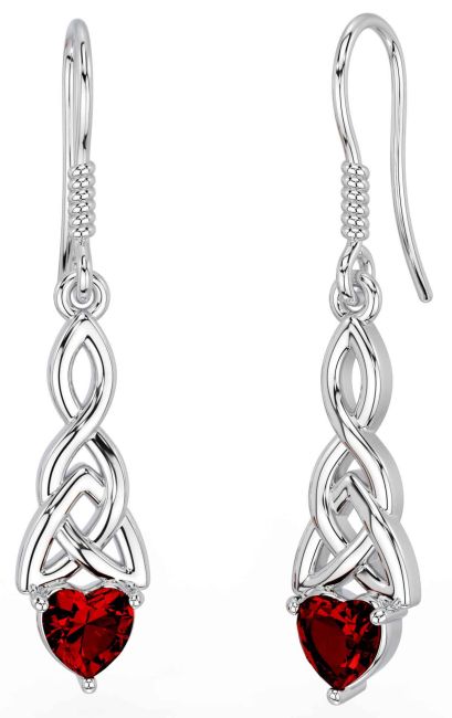 Garnet White Gold Celtic Trinity Knot Dangle Earrings