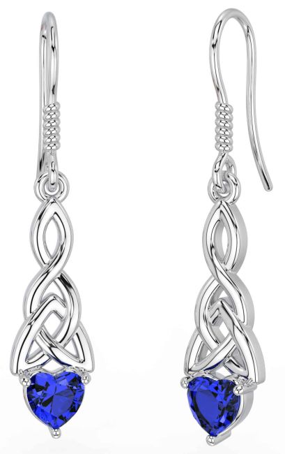 Sapphire White Gold Celtic Trinity Knot Dangle Earrings