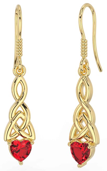 Ruby Gold Celtic Trinity Knot Dangle Earrings