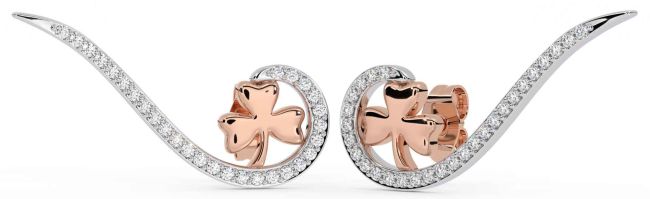 Large Diamond Rose Gold Silver Shamrock Stud Earrings