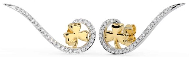 Large Diamond Gold Silver Shamrock Stud Earrings