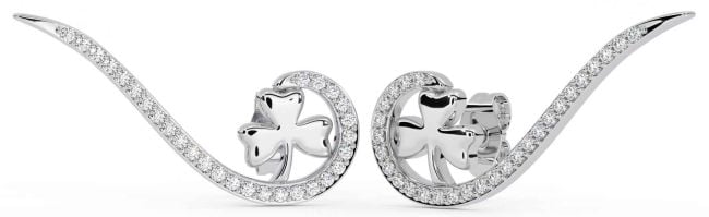 Large Diamond White Gold Shamrock Stud Earrings