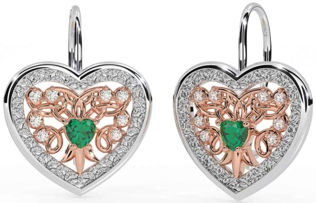 Diamond Emerald Rose Gold Silver Celtic Heart Dangle Earrings