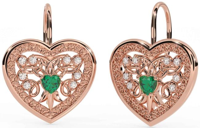 Diamond Emerald Rose Gold Silver Celtic Heart Dangle Earrings